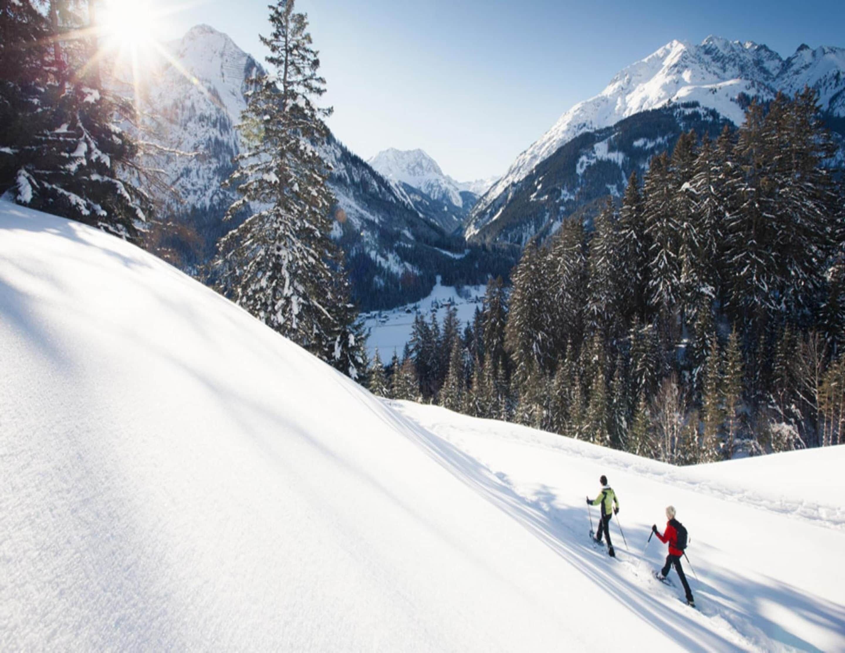 Een besneeuwd berglandschap met twee skiërs.