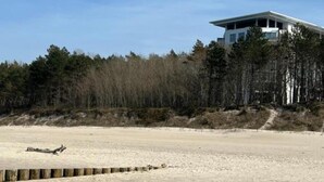 Ett modernt strandhus med ett platt tak, stora fönster och utsikt över stranden och skogen.