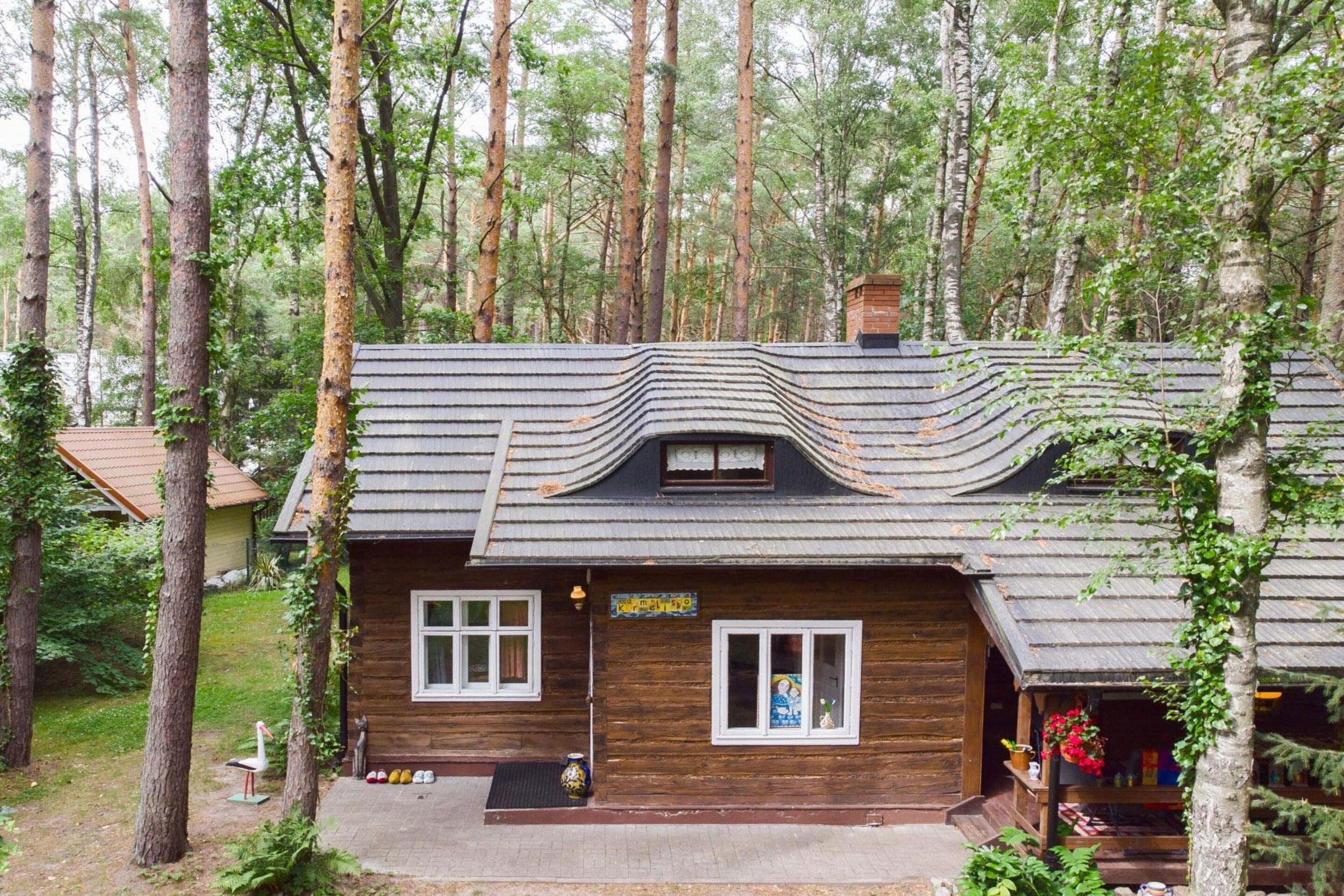 A wooden cabin with a wavy roof, surrounded by trees.