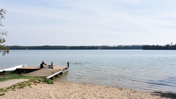 A sandy beach with a wooden dock extending into calm water. - Holiday Home Near Lake Mausz With Sauna (Parchowo)