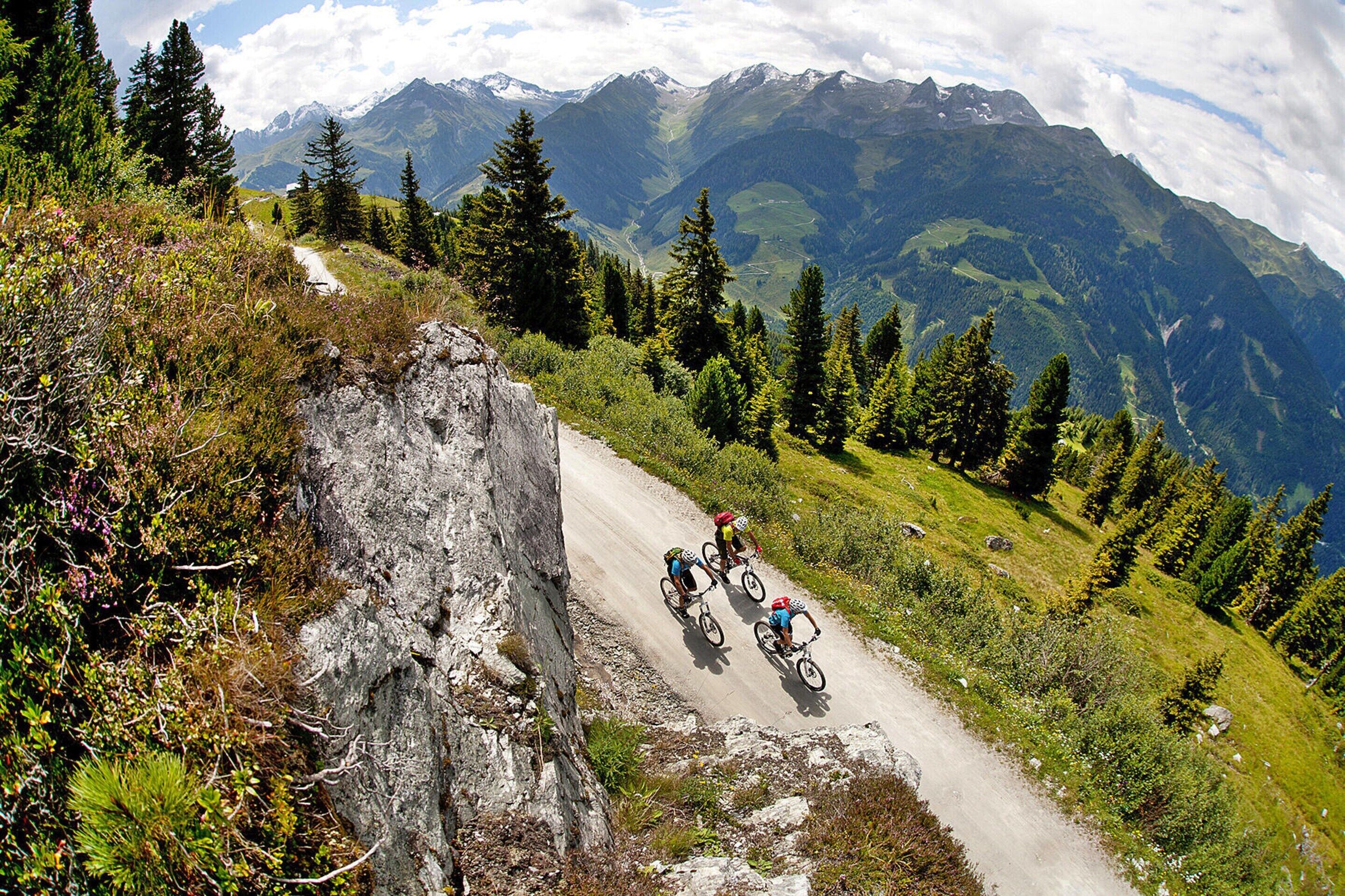 Ein Mountainbike-Weg mit Radfahrern, umgeben von üppigem Grün und Bergen im Hintergrund.