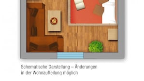 Plano esquemático de una habitación de hotel con cocina, baño y dormitorio.