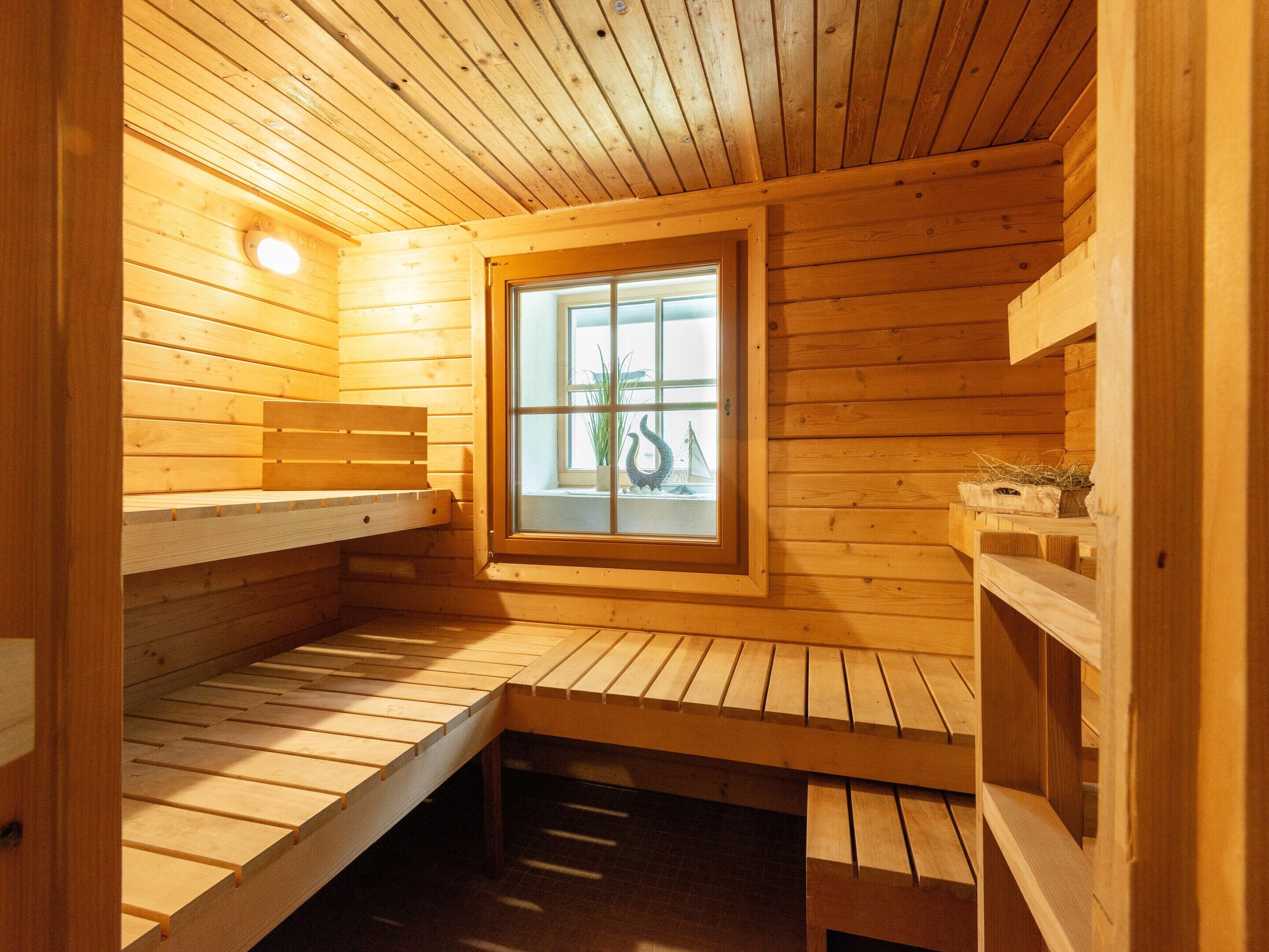 Een houten sauna met banken en een raam.