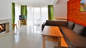 A modern living room with a sofa, a wooden coffee table, a TV, and a fireplace. - Holiday Home With a Private Garden (Mielno)