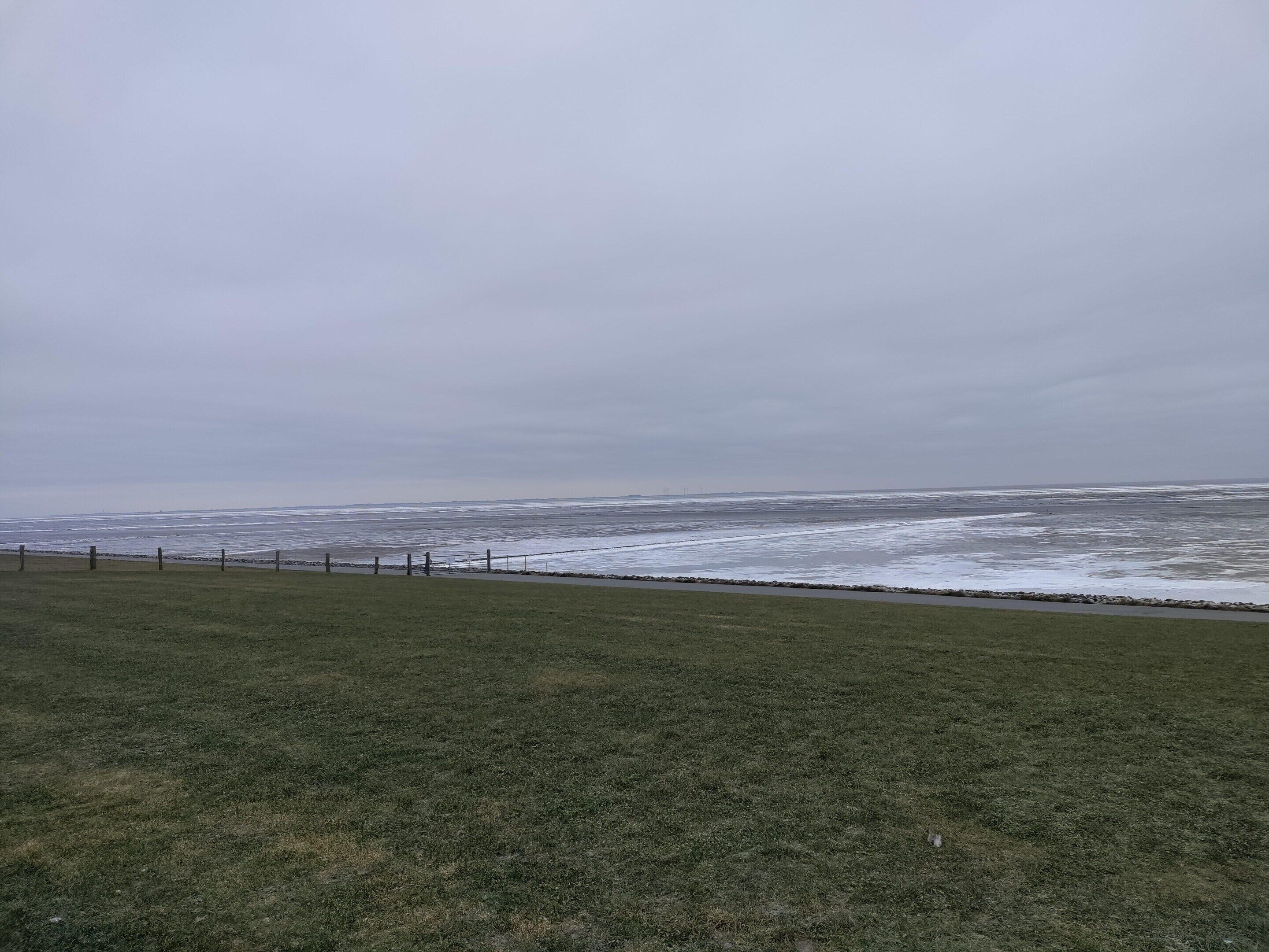 A grassy field with a fence and a view of the ocean.