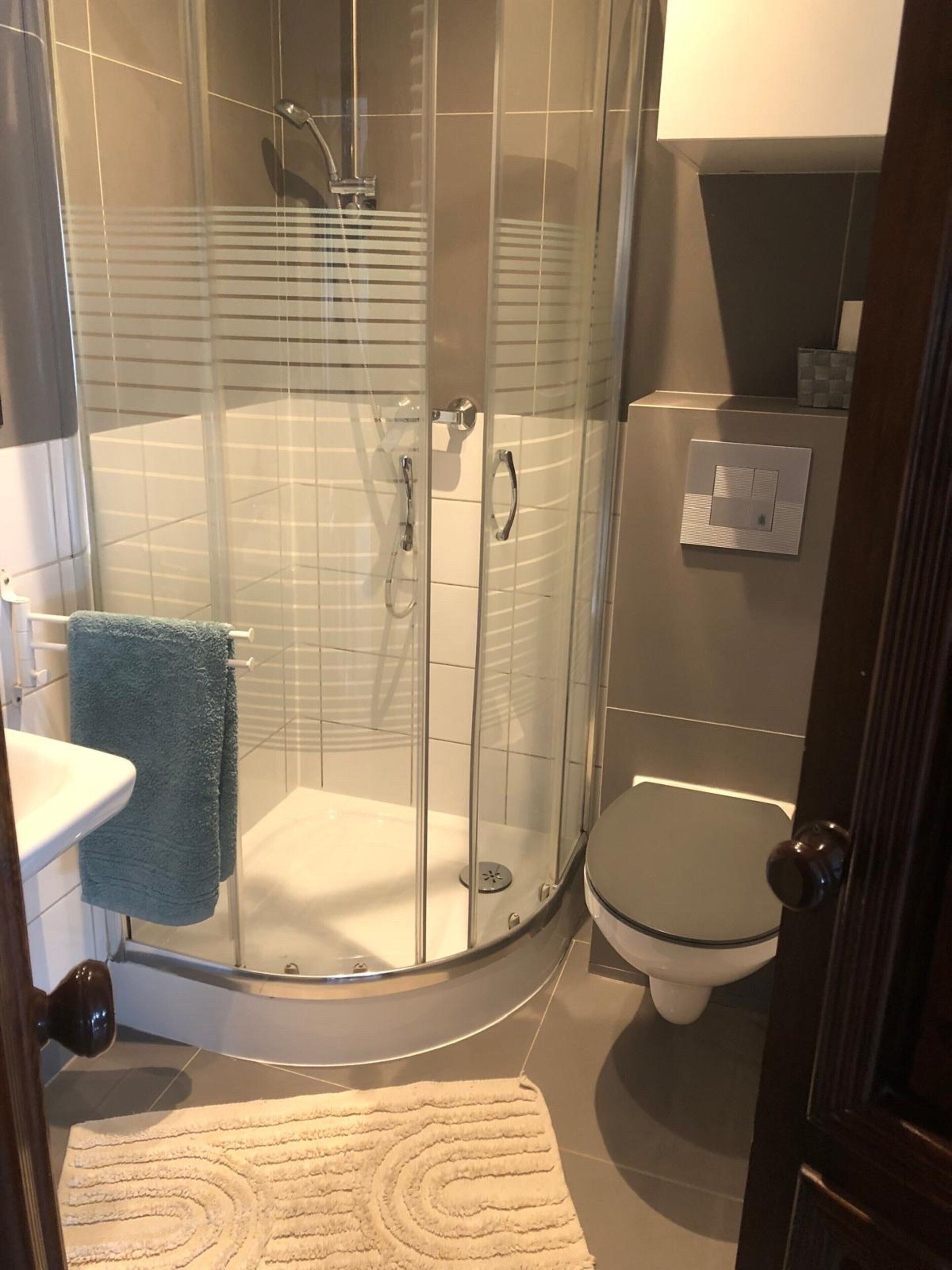 Ein Badezimmer mit Duschkabine, Toilette und Waschbecken.