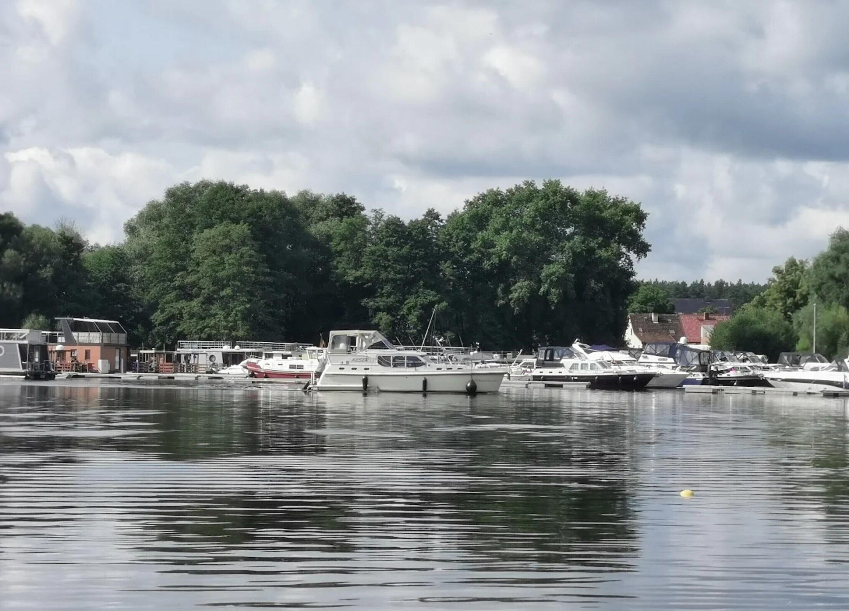 A marina with several boats docked, surrounded by trees and buildings.