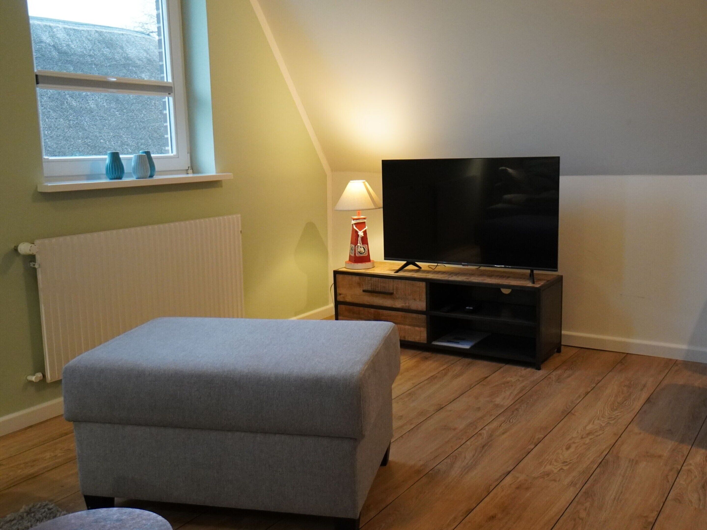 A living room with a grey sofa, a TV on a wooden stand, a lamp, and a window with a view of trees.