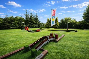 Ein Golfplatz mit Fahne, Putting Green und Holzbrücke.