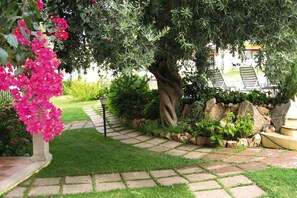 A garden pathway with a tree and bougainvillea flowers. - Flat With Communal Pool in the Residence Badus in Badus-formerly TUI Ferienhaus (Badesi)