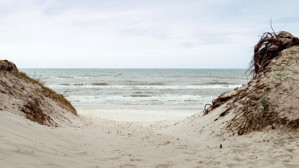 Une plage de sable avec des dunes et l’océan en arrière-plan.