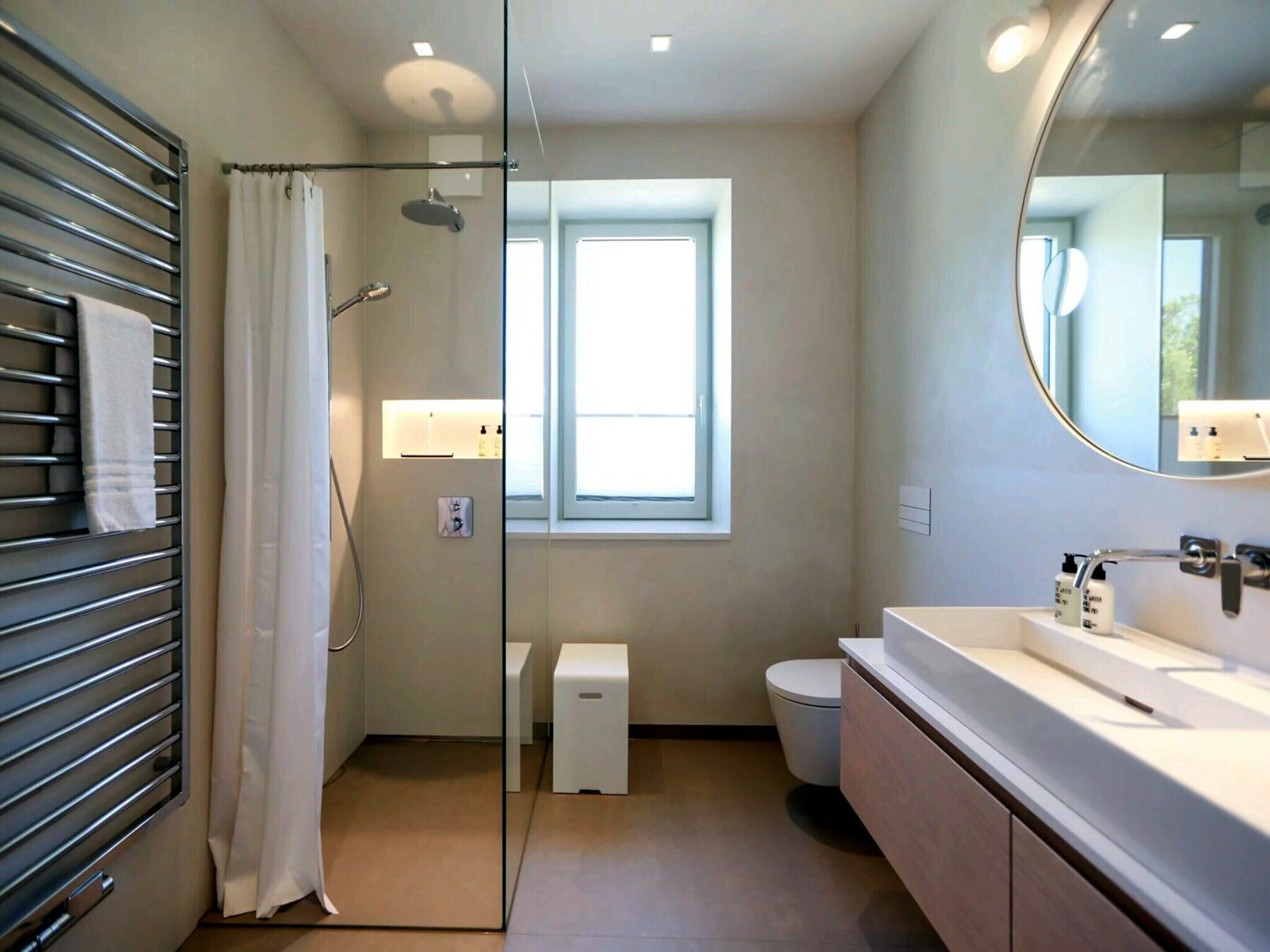 A modern bathroom with a glass shower enclosure, a toilet, and a vanity with a mirror.