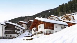 A cluster of wooden chalet-style buildings with balconies, surrounded by snow-covered ground and a forested mountain in the background. - Apartment Val Sinestra, Kappl (Kappl)