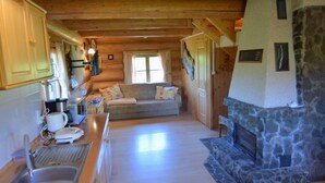 Een gezellig interieur van een chalet met een stenen open haard, houten wanden, een bank met kussens en een keukenhoek met een spoelbak en koffiezetapparaat.