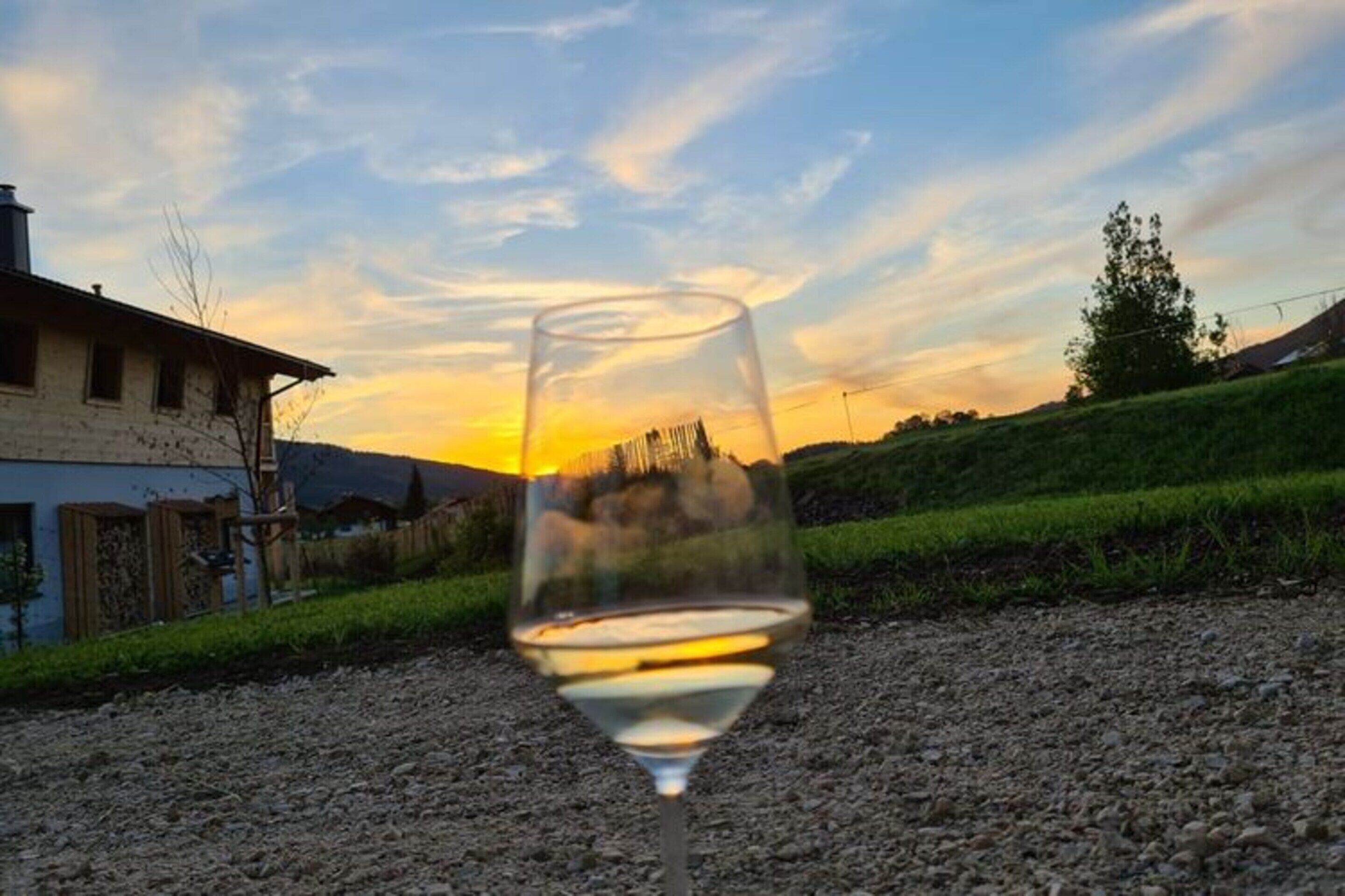 Ett genomskinligt vinglas med vitt vin, med en solnedgång i bakgrunden.