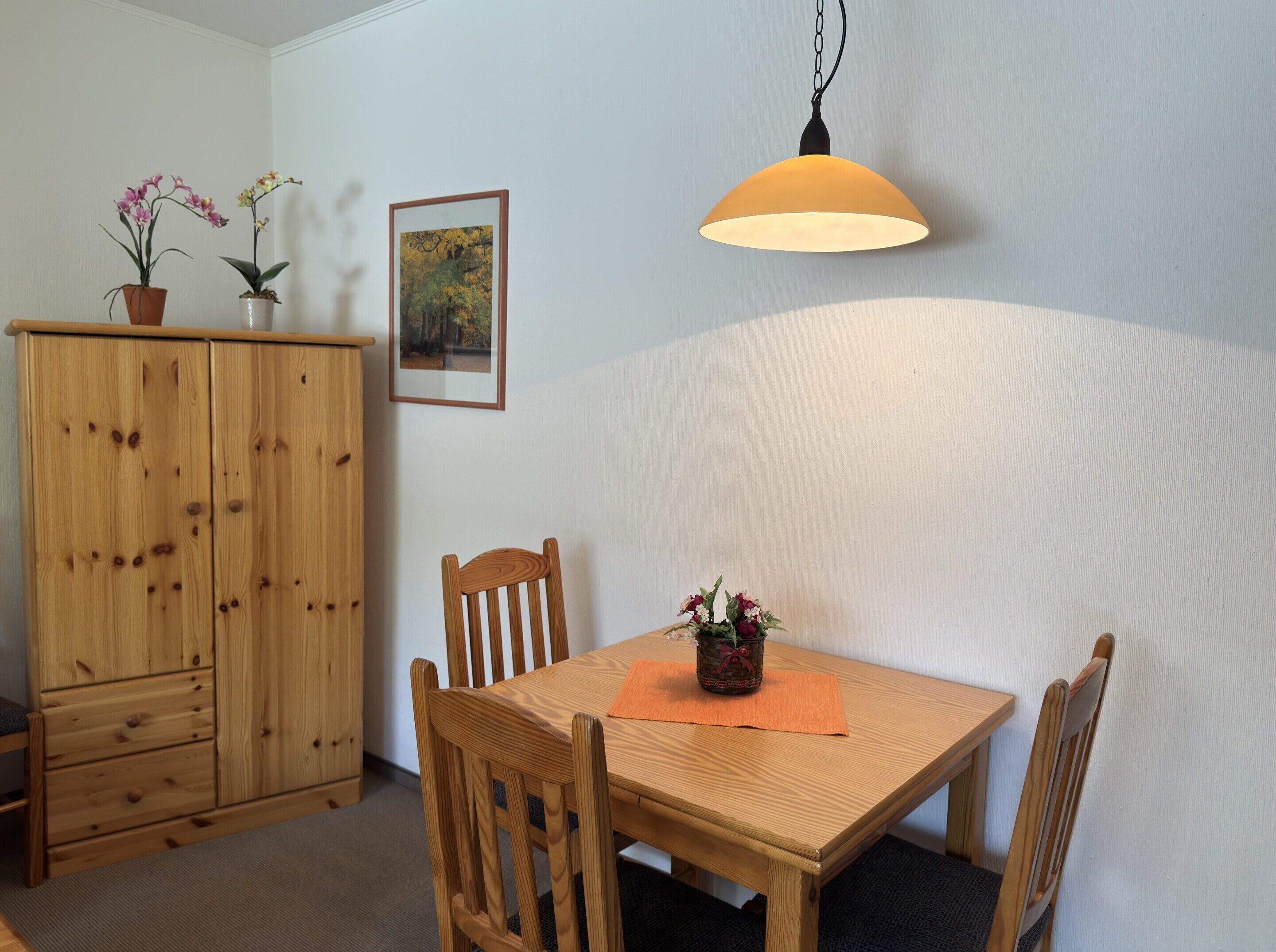 Ein Essbereich mit Holztisch und -stühlen, einer hängenden Pendelleuchte, einem Schrank mit Pflanzen und einem gerahmten Bild an der Wand.