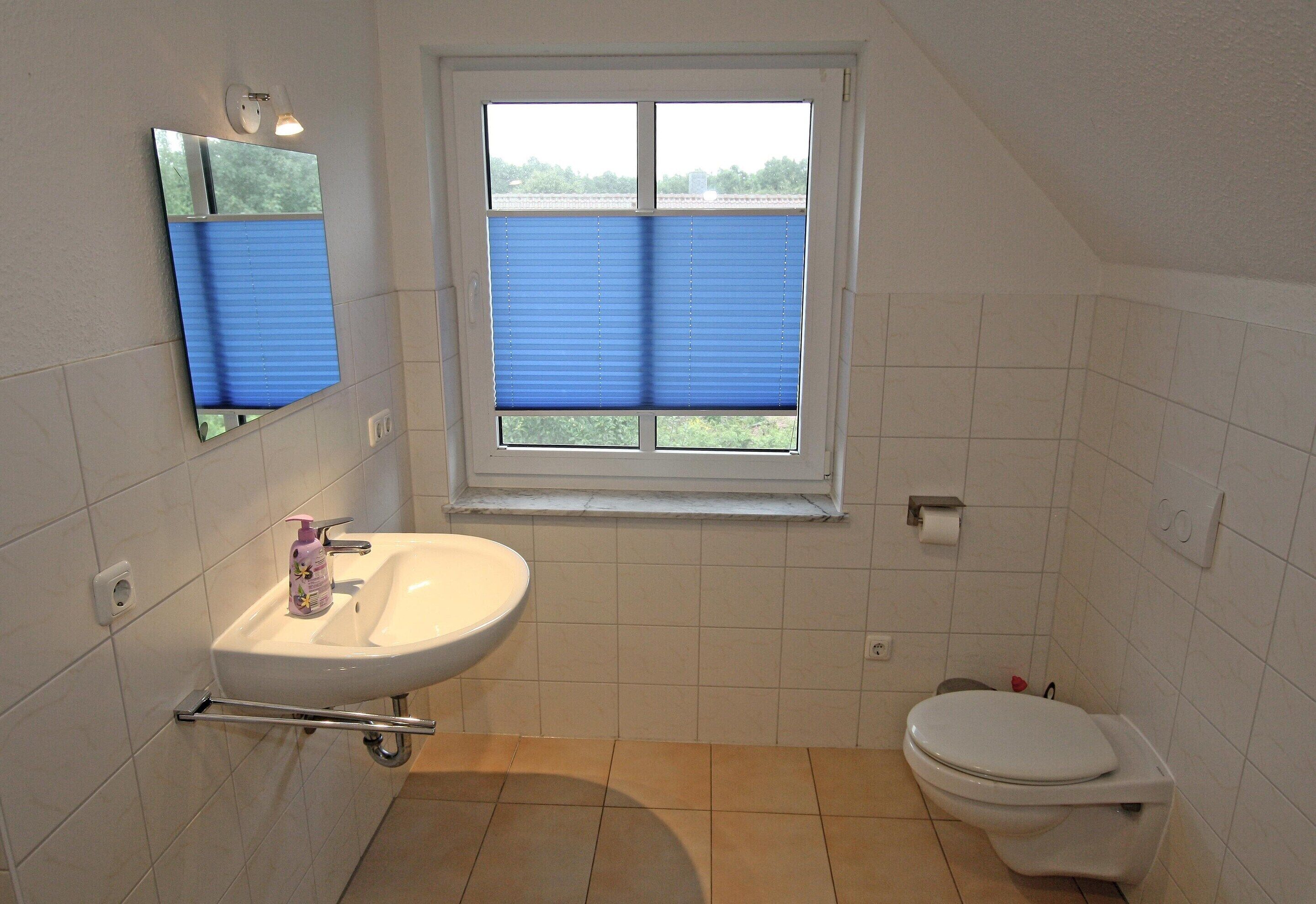 A bathroom with a white sink, a mirror, a window with blue blinds, and a toilet.