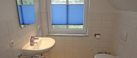 A bathroom with a white sink, a mirror, a window with blue blinds, and a toilet.