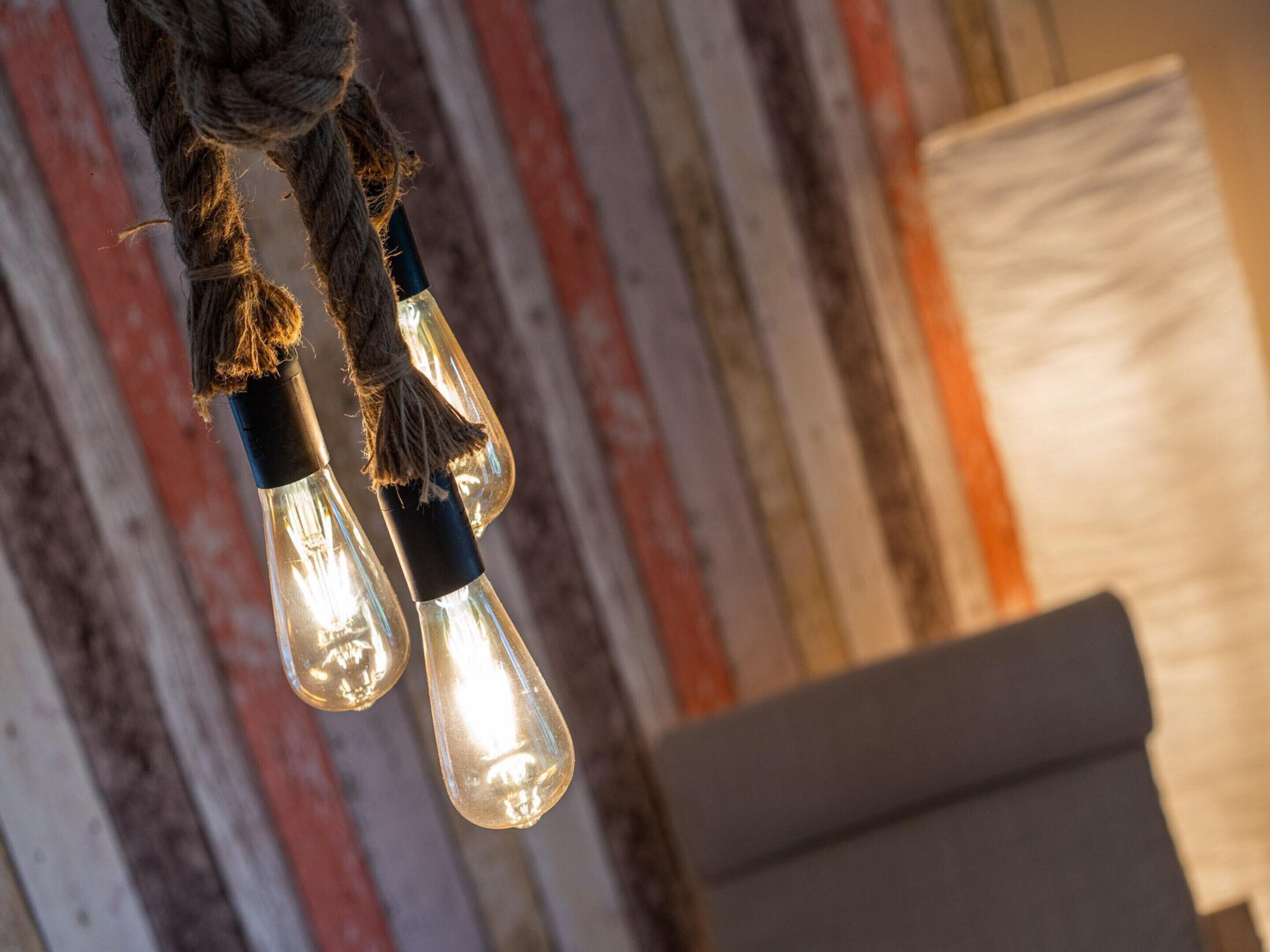 A close-up of three light bulbs with exposed filaments, hanging from a rope against a wooden wall with a white paper backdrop.