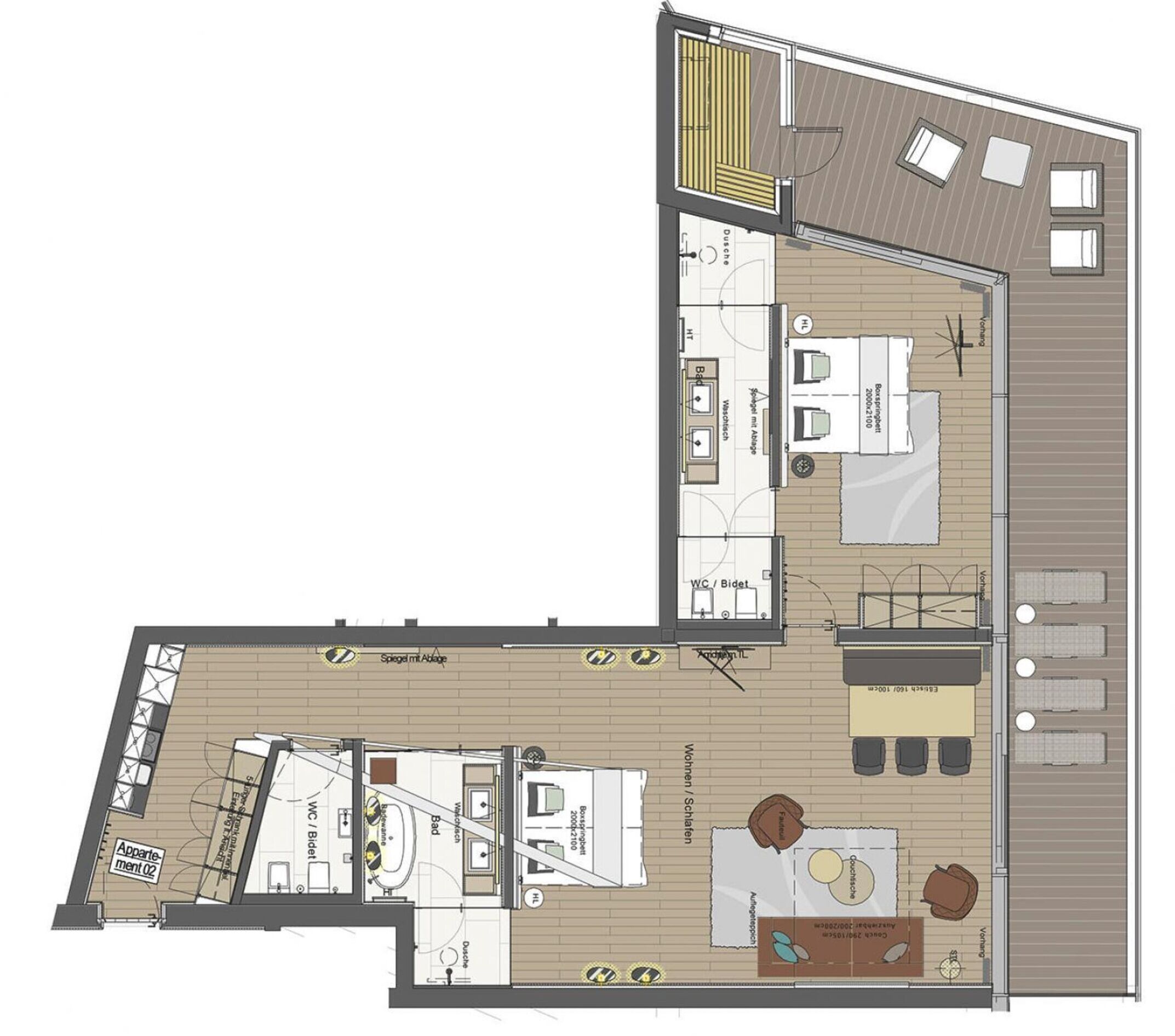 A floor plan of a hotel room with a kitchenette, a dining area, a bathroom, and a small outdoor seating area.