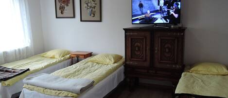 A room with two single beds, a wooden cabinet, a television, and two framed floral paintings on the wall.