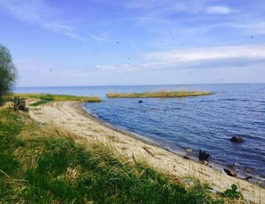 A sandy beach with grassy areas and a calm sea. - Holiday Home, Nowe Warpno for 6 Persons (Nowe Warpno)