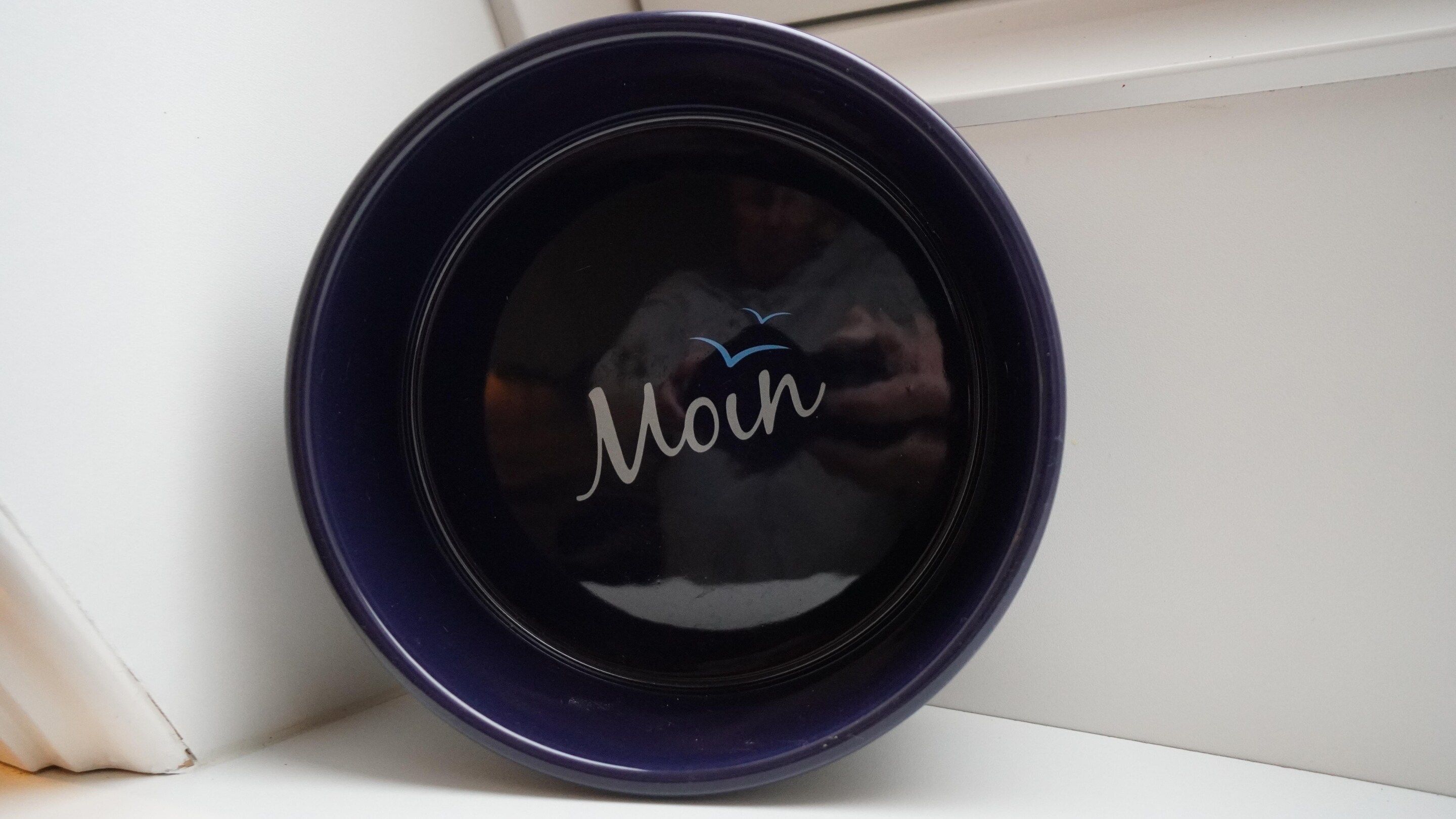 A dark blue circular object with the word 'Moon' and a small bird icon on it.