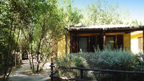 A rustic building with a thatched roof, surrounded by dense greenery and a wooden fence. - Resort Village Rocchette Castiglione Della Pescaia (Castiglione della Pescaia)