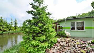 A serene lakeside setting with a green building, a wooden pergola, and a white bird.