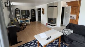 Un salon moderne avec une cheminée, un canapé, une table basse et un coin repas équipé d’un téléviseur et de bibliothèques.