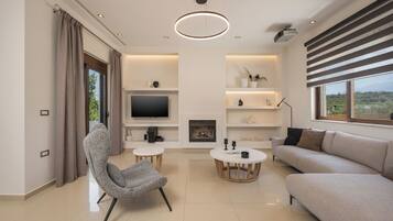 Luxury Villa, 3 Bedrooms, Private Pool, Sea View | Living room | Flat-screen TV