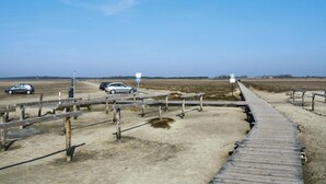 Un espace de stationnement avec une promenade en bois menant à une plage, un panneau de signalisation bleu et quelques voitures garées.