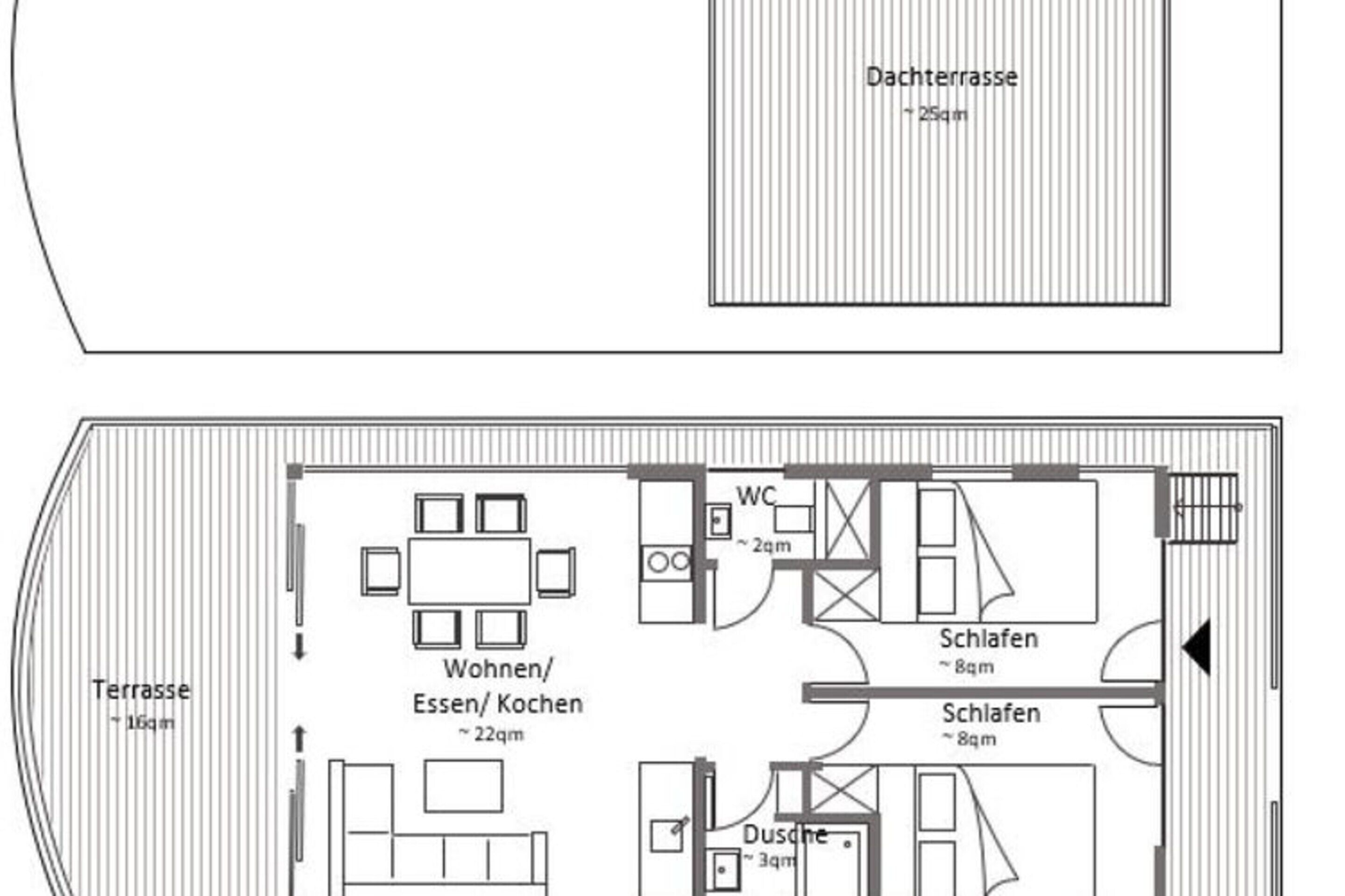 A floor plan of a hotel with a terrace, two bedrooms, a bathroom, a kitchen, and a dining area.
