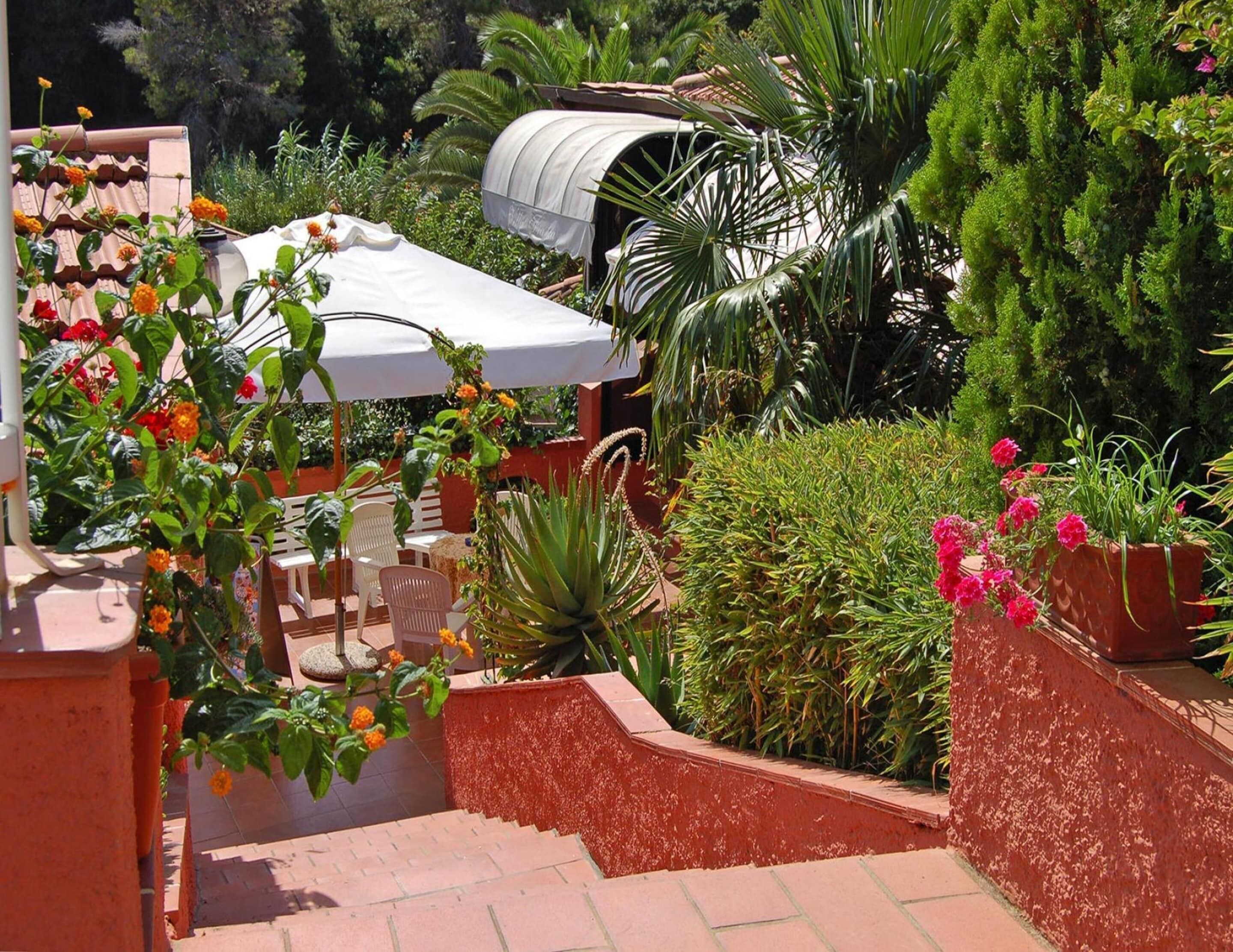 Un espace patio agrémenté d’un parasol blanc, de plantes en pot et d’un escalier menant à un niveau supérieur.