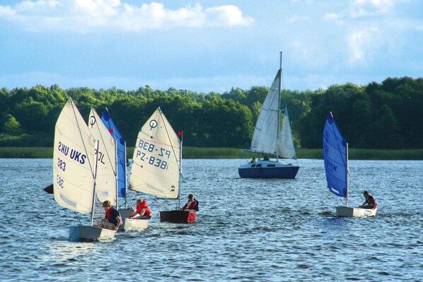 A group of sailboats on a lake with a forested shoreline in the background. - Cottage Directly by the Lake in Trygor (Wegorzewo)