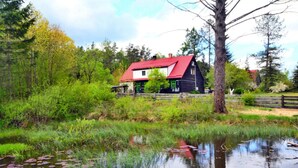 Ein rustikales Haus mit rotem Dach, umgeben von üppiger Vegetation und einem Teich mit Seerosen.