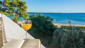 A balcony with a clear view of the sea, a glass of orange juice, and an open book. - Apartment on Vir Island Near Sandy Beaches (Vir)