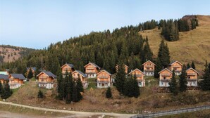 Una hilera de cabañas de madera con balcones, con un denso bosque y una colina de fondo.