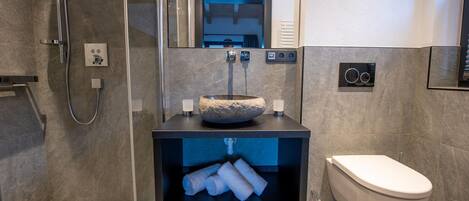 A modern bathroom with a glass-enclosed shower, a built-in sink with a stone basin, and a toilet.