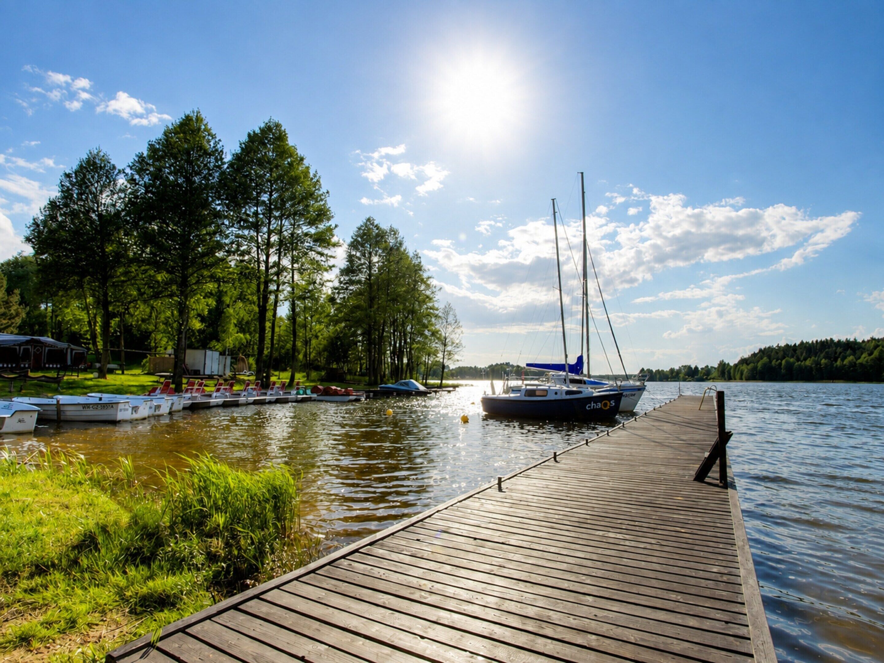 A wooden dock extending into calm water with boats moored on the left, surrounded by trees and a clear sky.