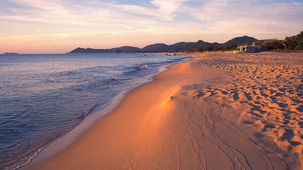 Une plage offrant une vue dégagée sur l’océan et les montagnes lointaines.