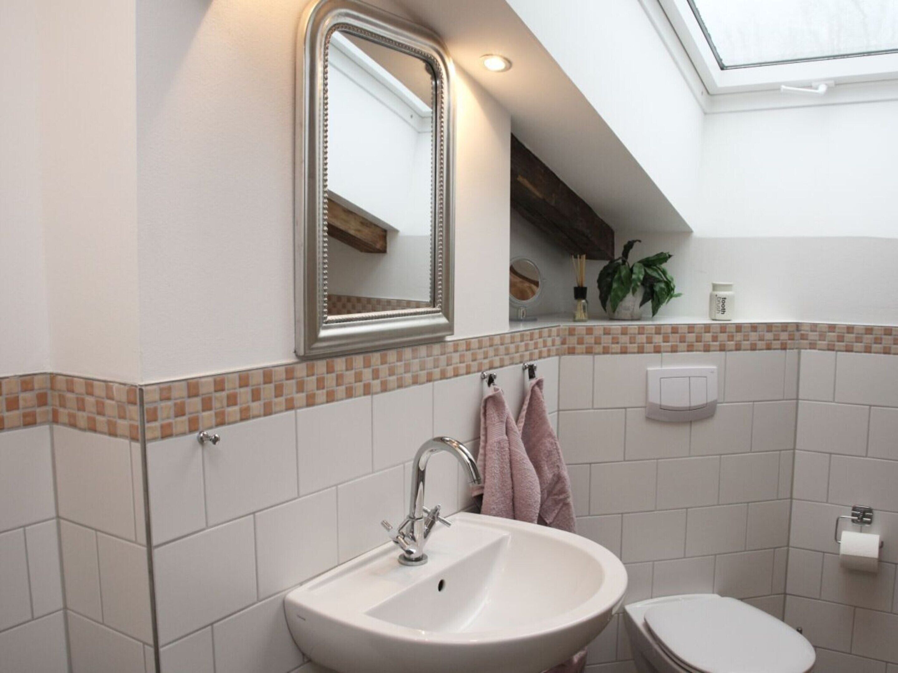 A bathroom with a white sink, a mirror, a toilet, and a skylight above.