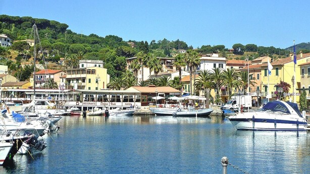 A marina with boats docked, surrounded by buildings with balconies and a hillside in the background. - Apartment in Elba With Panoramic Views (Rio)