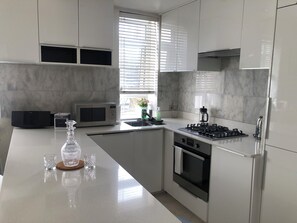 Apartment | Private kitchen | Fridge, microwave, oven, stovetop