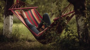 A hammock tied between trees in a natural setting.