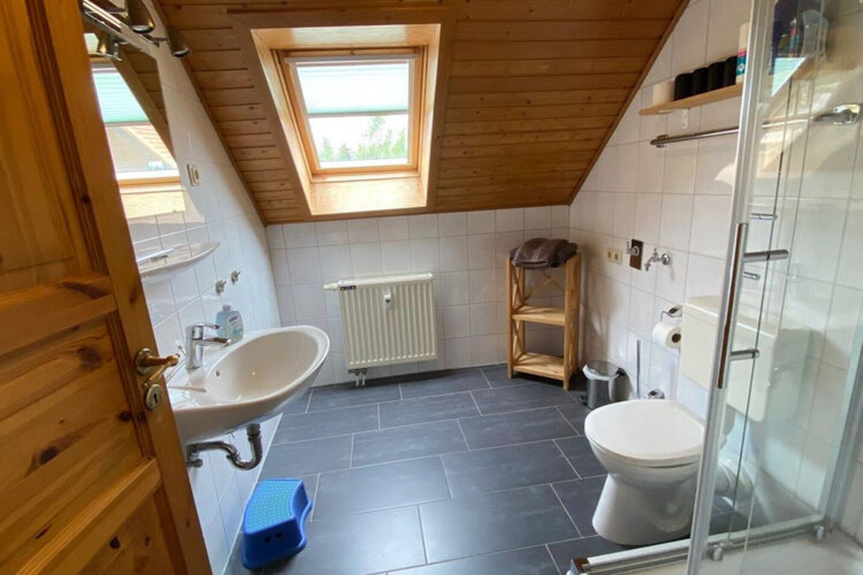 Un bagno compatto con finestra, dotato di lavandino, WC e zona doccia.