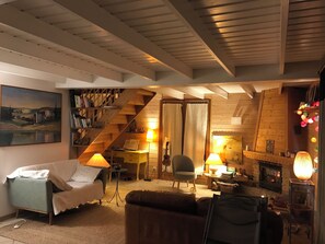 Fireplace, books