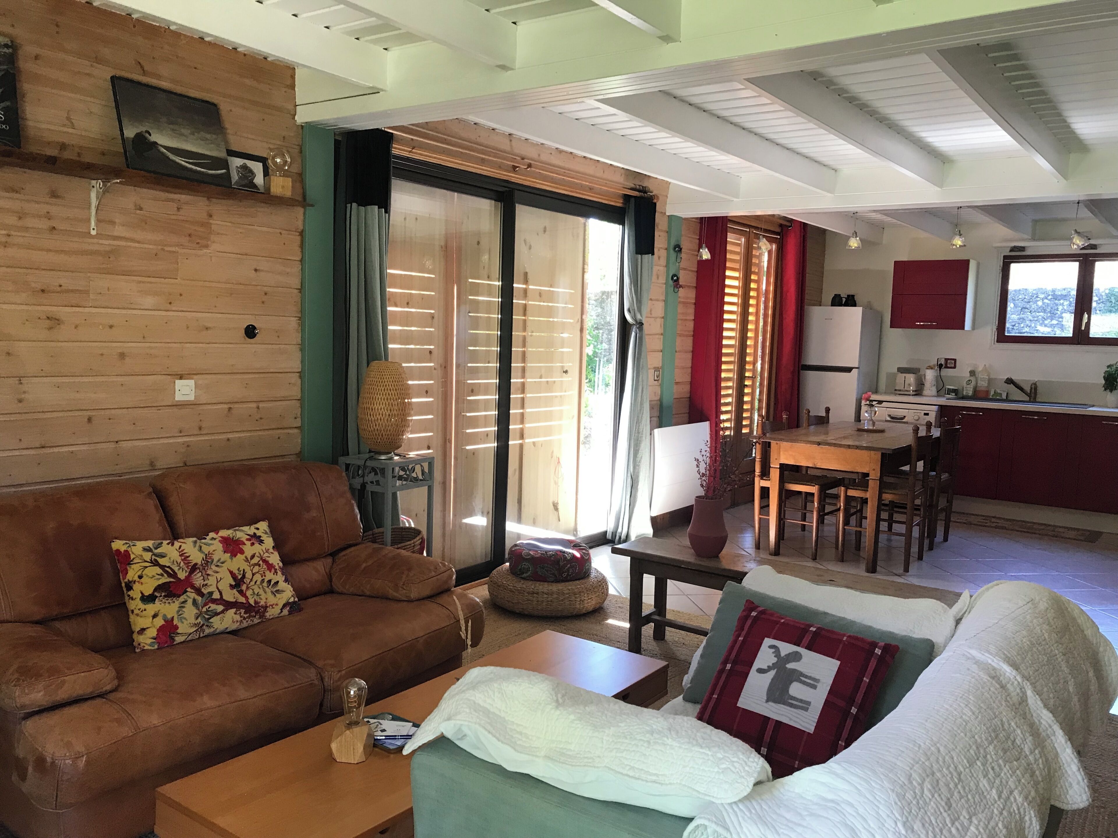 A cozy living room with a brown leather sofa, a green armchair, and a wooden coffee table. There is a kitchen area with a dining table and red cabinets.