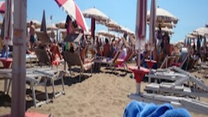 Una playa con filas de sillas de playa y sombrillas.