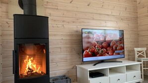 Uma sala de estar moderna com uma lareira a lenha, uma TV de tela plana e um rack branco para entretenimento.